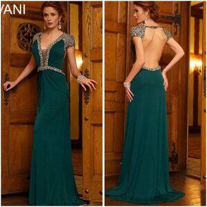 Jovani Dark Green Silver Open Back Beaded Deep V-Neck Formal Gala Gown Size 8